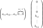                   (   0 )
                  |   . |
(          n− i)  ||   .. ||
(a   a ...a ◜0◞.◟..◝0)  ||   0 ||
   i1 i2   ii       ||  bij ||
                  |(   ... |)
                     b
                      nj
