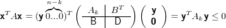          n−k         |
 T       ◜◞◟◝ T (-Ak---BT--)(  y )    T
x Ax = (y0...0)     B  |D       0   = y Aky ≤ 0
