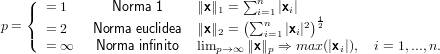    (                             ∑
   {  = 1      Norma 1    ∥x∥1 =   ni=1|xi|
p =   = 2   Norma euclidea ∥x∥2 = (∑n   |xi|2)12
   (  = ∞    Norma infinito  limp →∞ ∥xi∥=p1 ⇒  max (|xi|),  i = 1,...,n.
