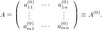     (   (0)       (0))
       a11   ⋅⋅⋅  a1n
A = |(   ...        ...  |)  ≡ A(0).
      a(0)  ⋅⋅⋅  a(0)
       m1        mn
