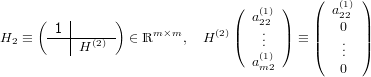                                (   (1) )   (  a(1) )
     ( 1 |     )                  a22     |   202 |
H2 ≡  ---|--(2)- ∈ ℝm ×m,  H (2)|(   ...  |) ≡ ||   ..  ||
         |H                       a(1)     (   .  )
                                   m2         0
