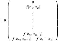    (                       )
               0
   ||        f [x1,x2]       ||
   ||            ...          ||
   ||            .          ||
= 6||            ..          ||
   ||            ...          ||
   |(       f[x ,x   ]      |)
      f[x ,x   n]−n f−1[x − x ]
         n  n−1     1   2
