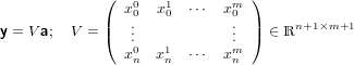              (   0   1       m )
                x0  x0  ⋅⋅⋅  x0
y = V a; V = |(  ...            ... |)  ∈ ℝn+1 ×m+1
               x0  x1   ⋅⋅⋅  xm
                 n   n       n
