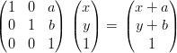 (        ) (  )    (      )
|1   0  a| | x|    | x + a|
(0   1  b) ( y) =  ( y + b)
 0   0  1    1         1

