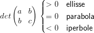            (
    (    ) || > 0   ellisse
     a  b  {
det  b  c  || = 0   parabola
           ( < 0   iperbole
