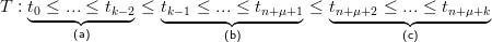 T : t0 ≤ ... ≤ tk−2≤ tk−1 ≤ ...≤  tn+ μ+1 ≤ tn+μ+2 ≤ ... ≤ tn+μ+k
   ◟-----◝◜-----◞   ◟-------◝◜-------◞   ◟--------◝◜--------◞
         (a)                 (b)                    (c)
