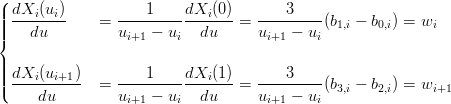 (| dXi (ui)           1    dXi (0 )       3
|||| --------    =  ----------------=  ---------(b1,i − b0,i) = wi
|{    du          ui+1 − ui  du      ui+1 − ui
|
|||| dXi-(ui+1)     ----1----dXi-(1-)   ----3----
|(     du      =  u   −  u   du   =  u   −  u (b3,i − b2,i) = wi+1
                  i+1    i           i+1    i