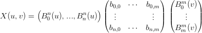                              (               ) (       )
                               b0,0  ⋅⋅⋅  b0,m     Bm0 (v)
X (u, v) = (Bn (u),...,Bn(u )) ||  ..         ..  || ||    ..  ||
             0         n     (  .         .  ) (    .  )
                               bn,0  ⋅⋅⋅  bn,m     Bmm (v)
