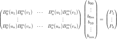                                        (     )
                                          b00
(                                    ) ||   .. ||    (   )
  Bn0(u1)Bm0 (v1)  ⋅⋅⋅  Bnn(u1)Bmm(v1)  ||   . ||     P1
||        ..                    ..      || || b0m || =  || .. ||
(        .                    .      ) ||  b10 ||    ( . )
  Bn0 (un)Bm0 (vn)  ⋅⋅⋅  Bnn(un)Bmm(vn)  ||   .. ||     Pk
                                       (   . )
                                         bnm
