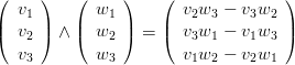(    )    (     )   (               )
| v1 |    | w1  |   |  v2w3 − v3w2  |
( v2 )  ∧ ( w2  ) = (  v3w1 − v1w3  )
  v3        w3         v1w2 − v2w1
